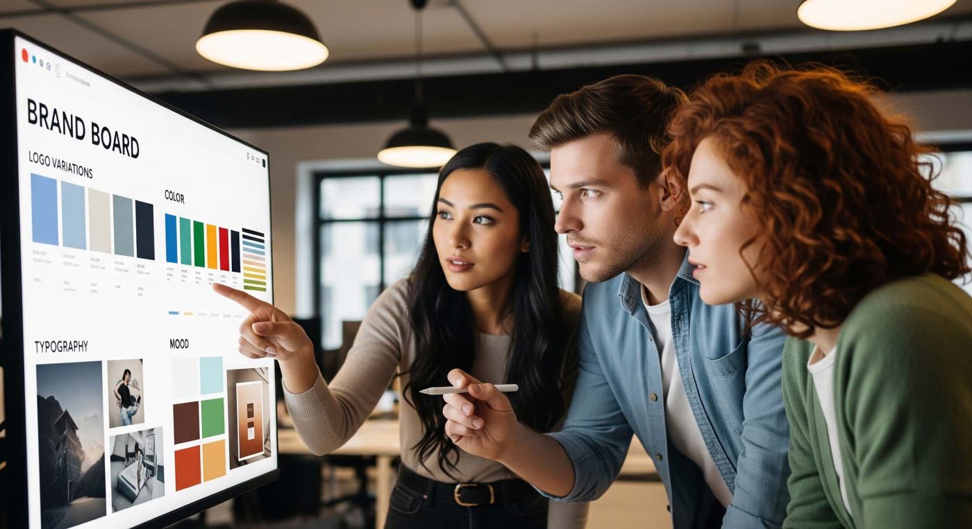 Diverse team collaborates on brand identity design, reviewing lo