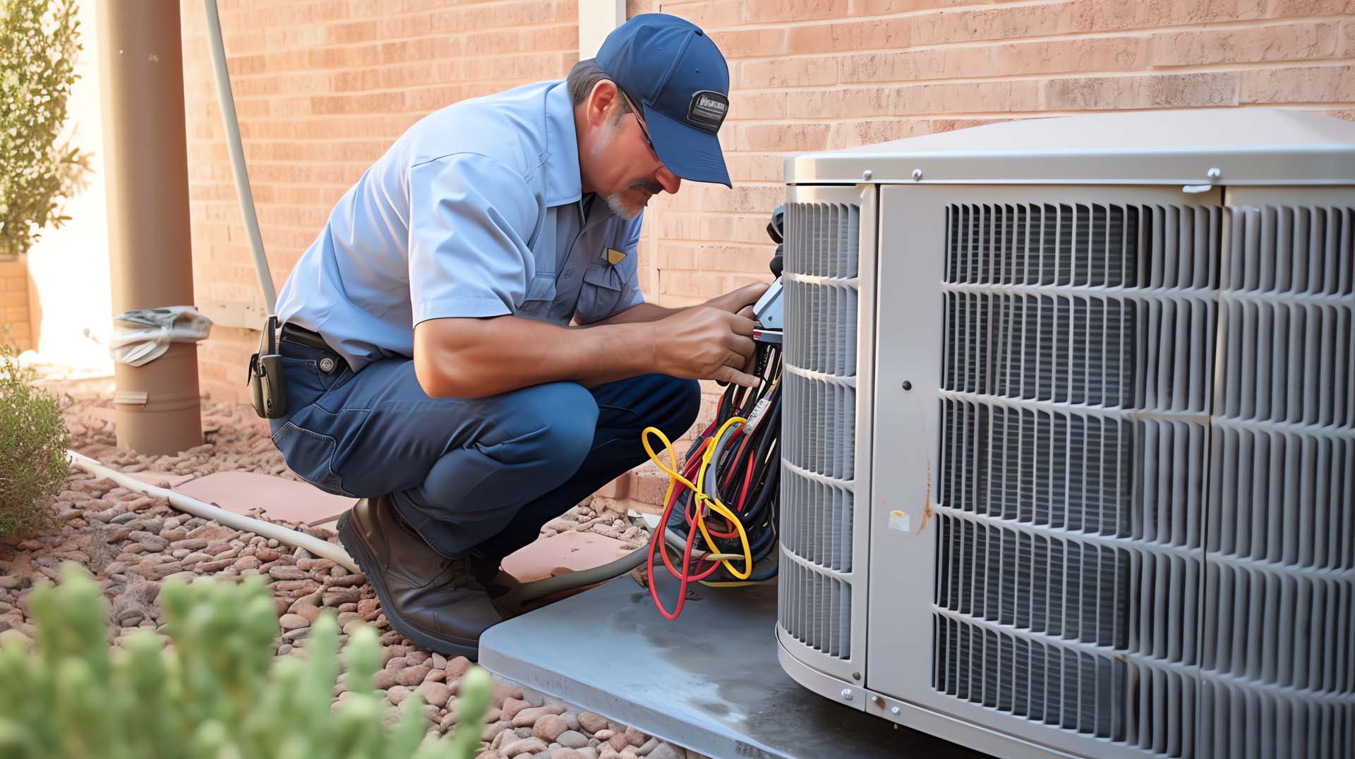HVAC Worker Performing Heat Pump Maintenance. background, illust