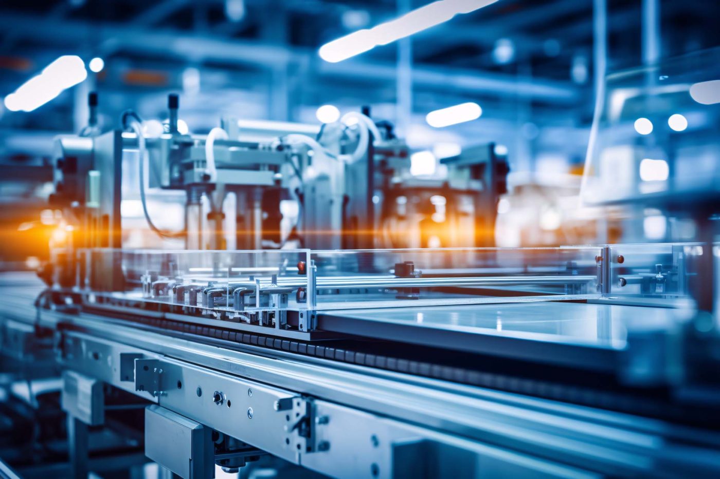 Clean, metallic assembly line surface with a blurred, dynamic fa