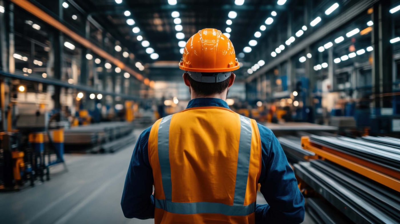 Back view of a factory worker in a hard hat and safety vest insp